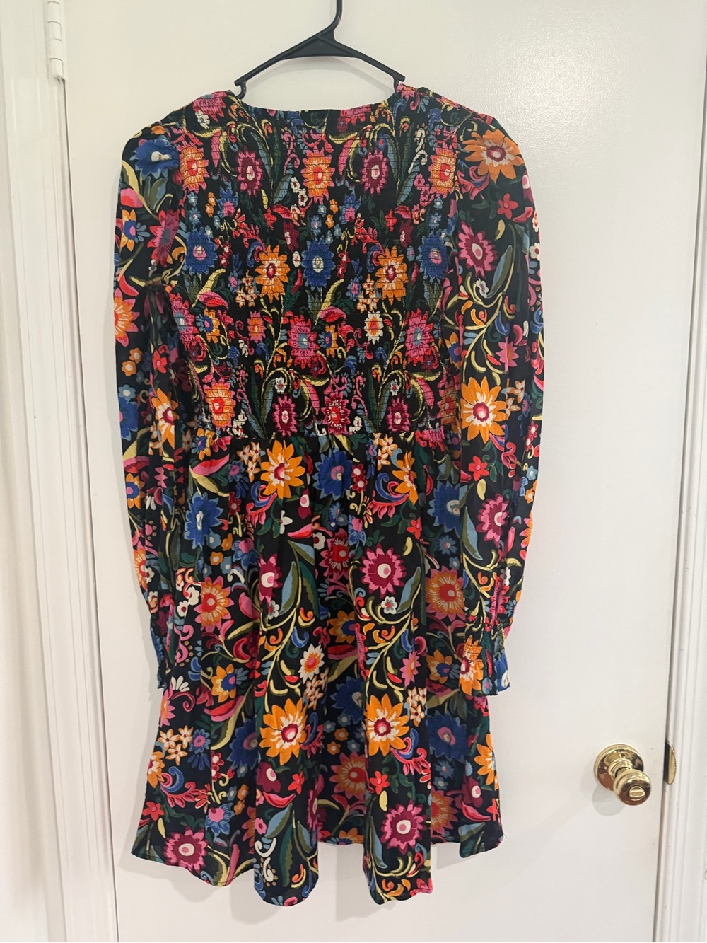 Boden Smocked Bodice Mini Dress Womens 10 Long Black Gardenia Pop Balloon Sleeve - Picture 3 of 5